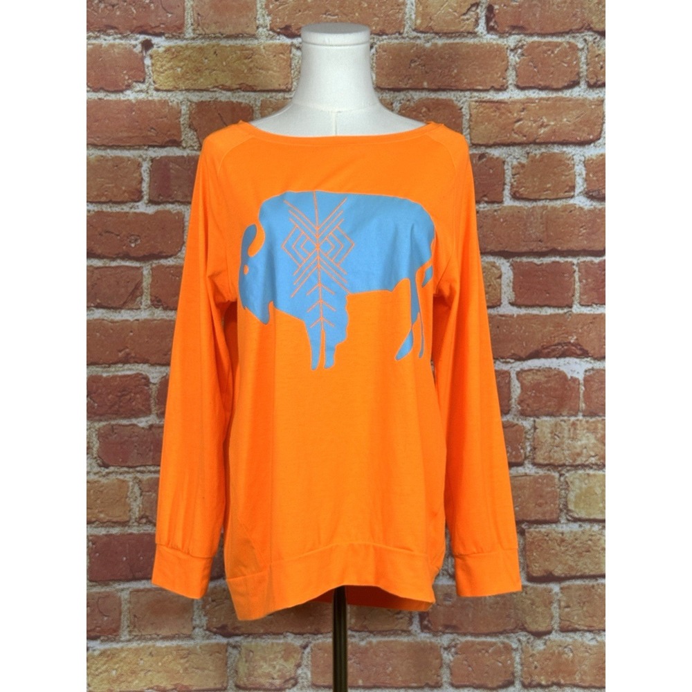 MissLook Women's‎ Orange Long Sleeve Native American Buffalo Design Size M